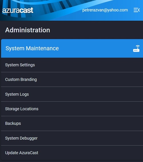 azuracast administration menu