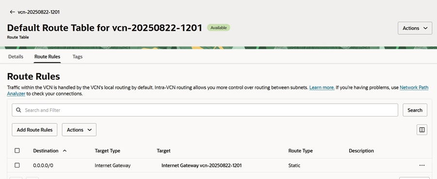 old vcn route tables