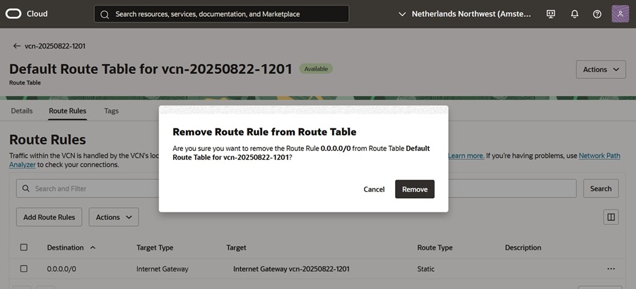 old vcn route tables remove